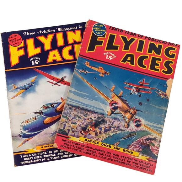 Flying Aces Magazine Lot: Nov & Dec 1937 Pulp Aviation Stories Schomburg Art - Picture 1 of 13